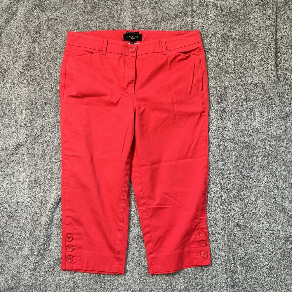 Talbots Perfect Skimmer Red Cropped Pants Side Button Petite 8P Stretch Cotton